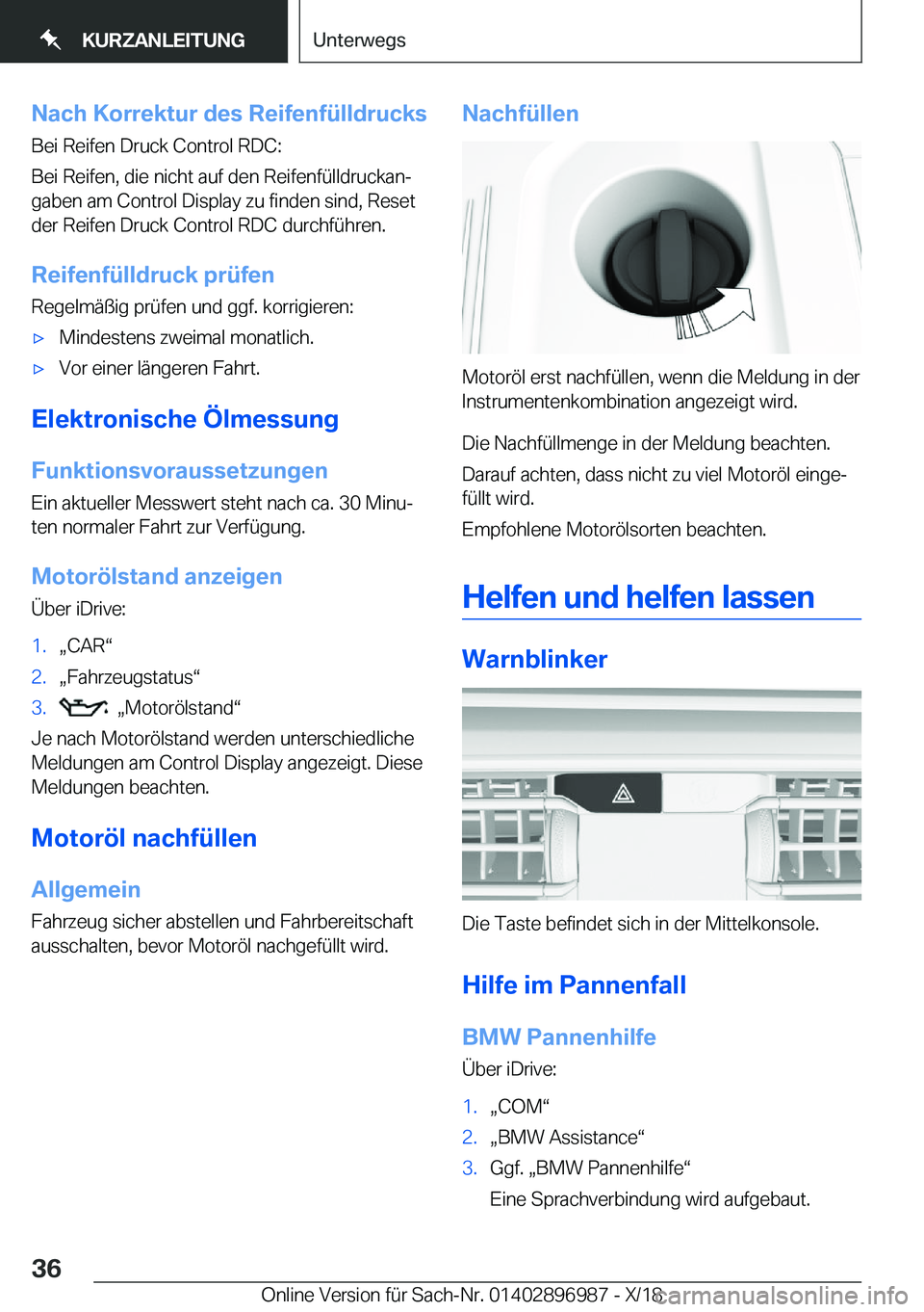 BMW Z4 2019  Betriebsanleitungen (in German) �N�a�c�h��K�o�r�r�e�k�t�u�r��d�e�s��R�e�i�f�e�n�f�