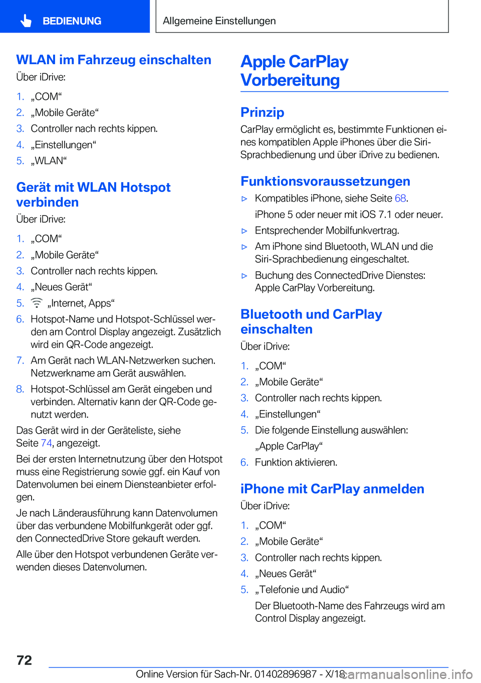 BMW Z4 2019  Betriebsanleitungen (in German) �W�L�A�N��i�m��F�a�h�r�z�e�u�g��e�i�n�s�c�h�a�l�t�e�n�