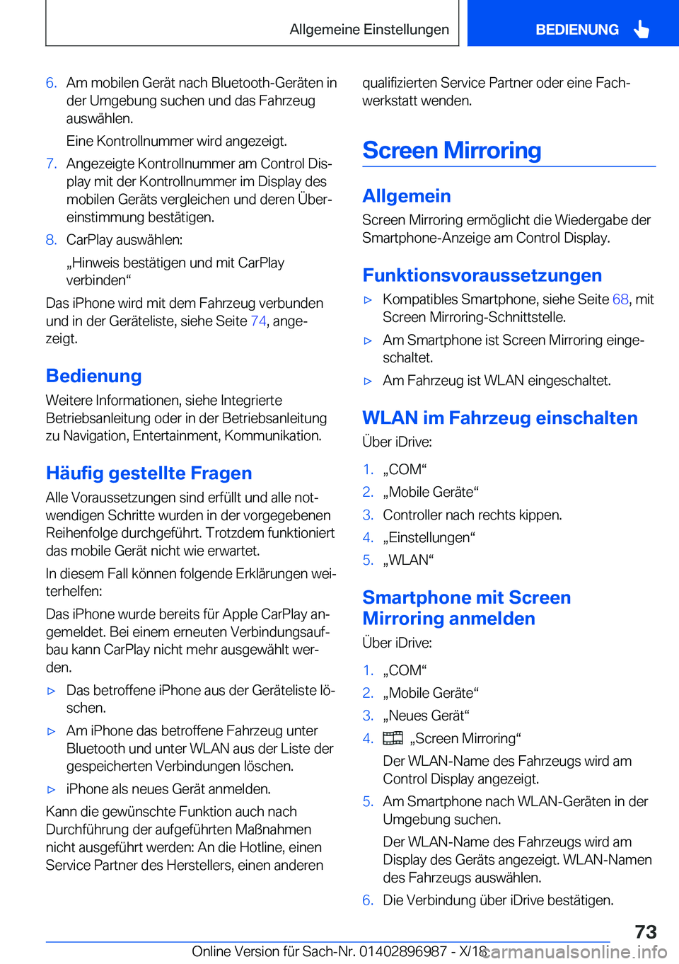 BMW Z4 2019  Betriebsanleitungen (in German) �6�.�A�m��m�o�b�i�l�e�n��G�e�r�