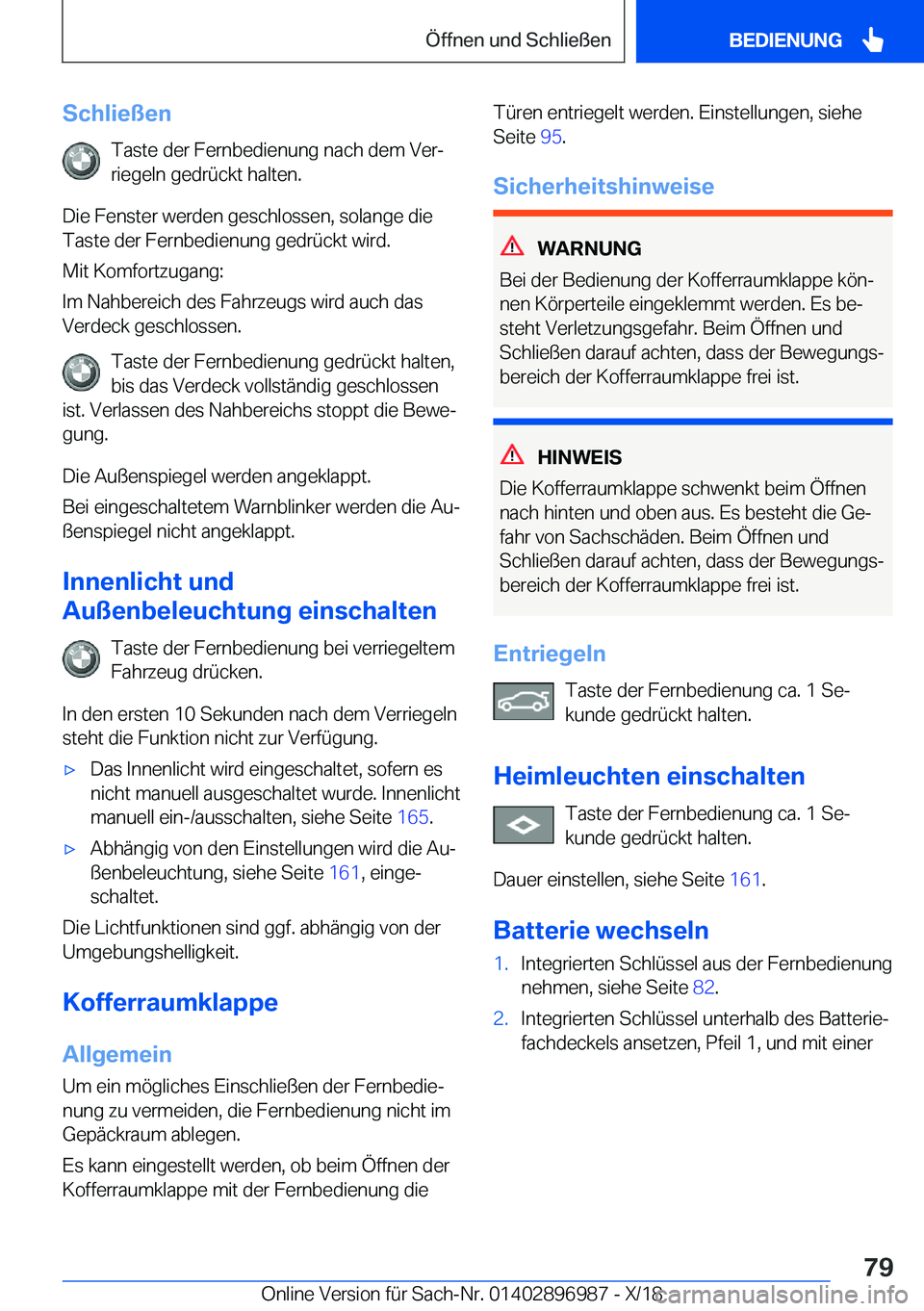 BMW Z4 2019  Betriebsanleitungen (in German) �S�c�h�l�i�e�