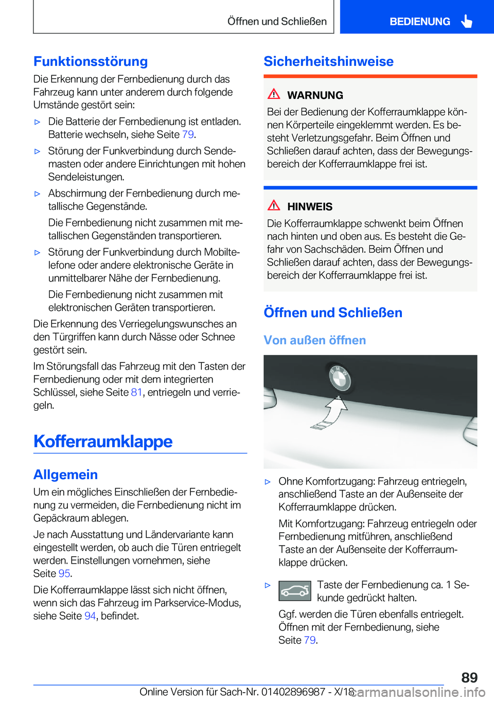 BMW Z4 2019  Betriebsanleitungen (in German) �F�u�n�k�t�i�o�n�s�s�t�