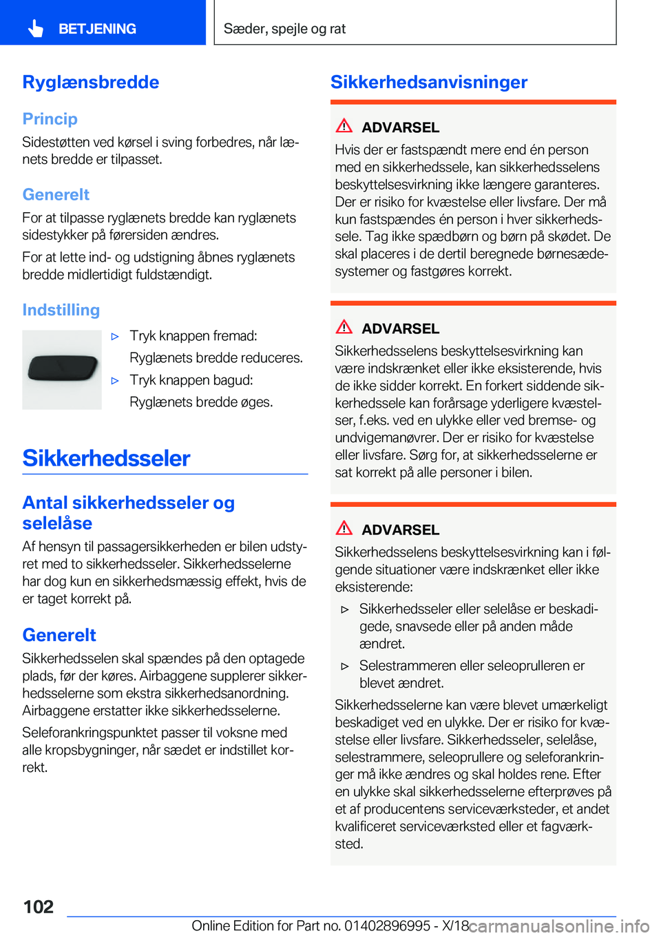 BMW Z4 2019  InstruktionsbØger (in Danish) �R�y�g�l�æ�n�s�b�r�e�d�d�e�P�r�i�n�c�i�p
�S�i�d�e�s�t�