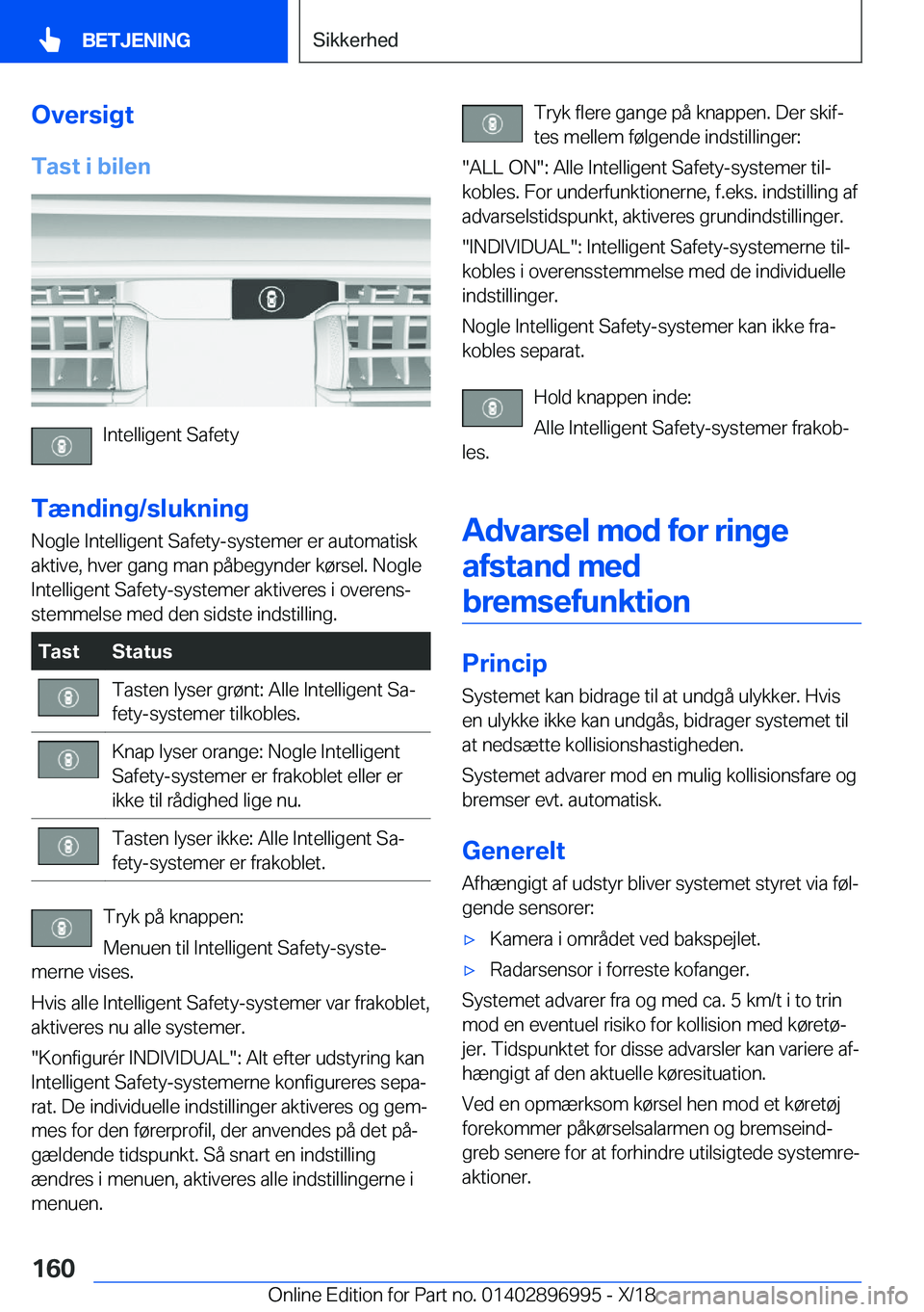 BMW Z4 2019  InstruktionsbØger (in Danish) �O�v�e�r�s�i�g�t
�T�a�s�t��i��b�i�l�e�n
�I�n�t�e�l�l�i�g�e�n�t��S�a�f�e�t�y
�T�æ�n�d�i�n�g�/�s�l�u�k�n�i�n�g �N�o�g�l�e��I�n�t�e�l�l�i�g�e�n�t��S�a�f�e�t�y�-�s�y�s�t�e�m�e�r��e�r��a�u�t�o�m�a�