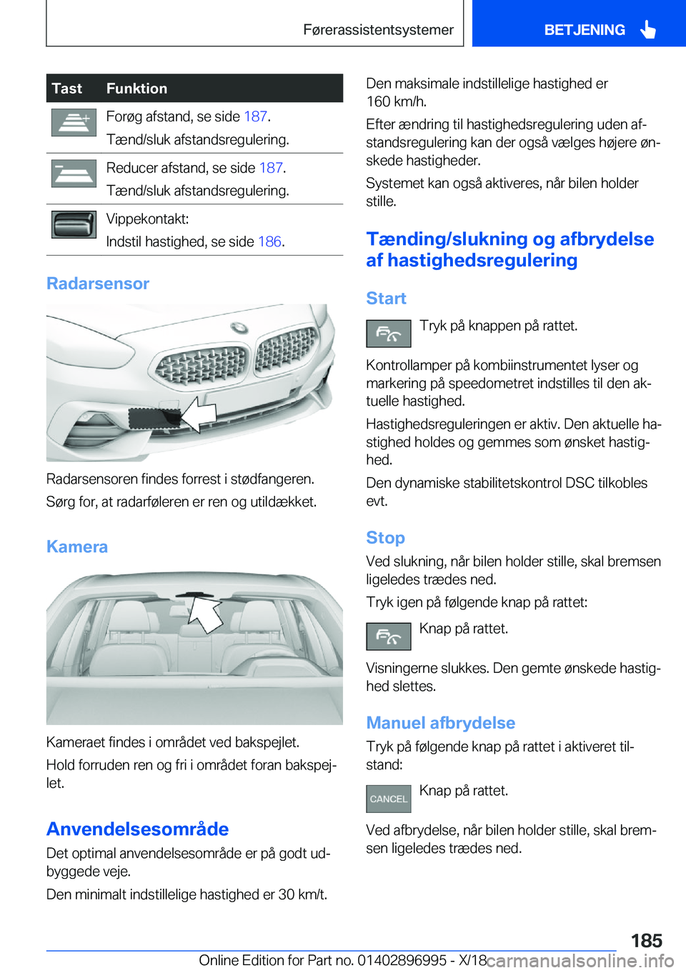 BMW Z4 2019  InstruktionsbØger (in Danish) �T�a�s�t�F�u�n�k�t�i�o�n�F�o�r�