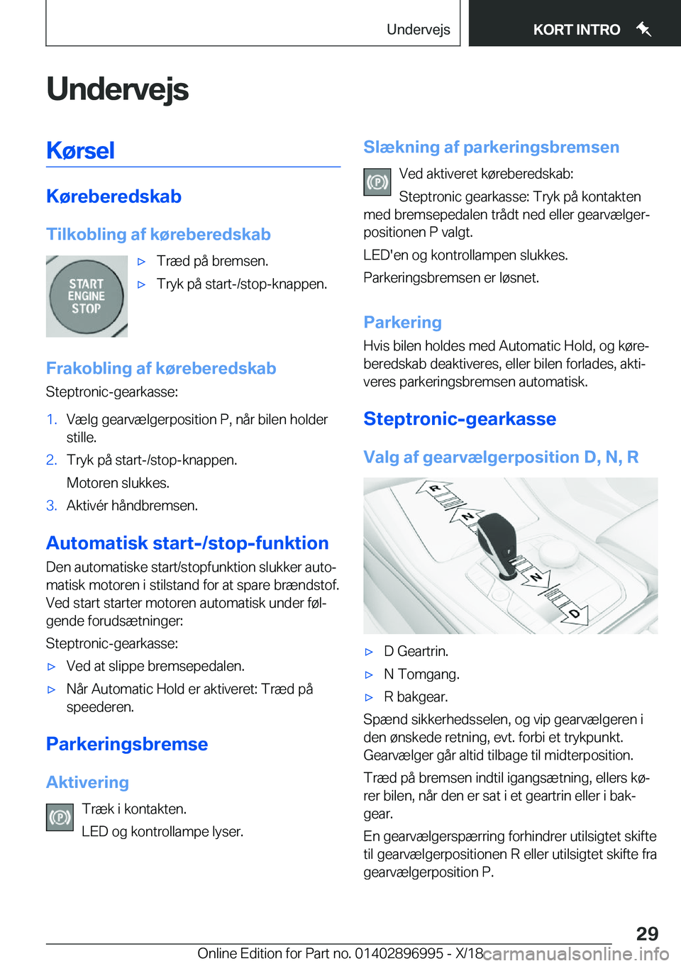 BMW Z4 2019  InstruktionsbØger (in Danish) �U�n�d�e�r�v�e�j�s�K�