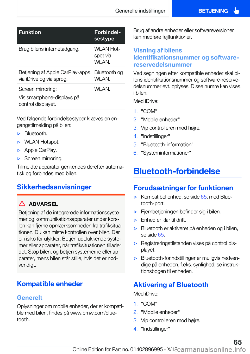BMW Z4 2019  InstruktionsbØger (in Danish) �F�u�n�k�t�i�o�n�F�o�r�b�i�n�d�e�lj
�s�e�s�t�y�p�e�B�r�u�g��b�i�l�e�n�s��i�n�t�e�r�n�e�t�a�d�g�a�n�g�.�W�L�A�N��H�o�tj
�s�p�o�t��v�i�a
�W�L�A�N�.�B�e�t�j�e�n�i�n�g��a�f��A�p�p�l�e��C�a�r�P�l�