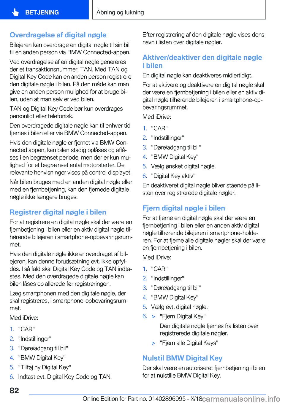 BMW Z4 2019  InstruktionsbØger (in Danish) �O�v�e�r�d�r�a�g�e�l�s�e��a�f��d�i�g�i�t�a�l��n�