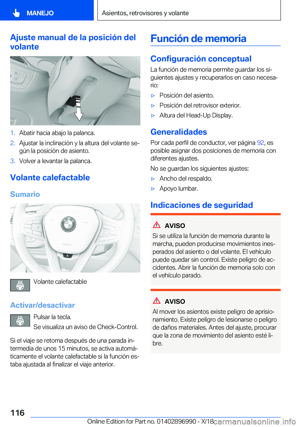 BMW Z4 2019  Manuales de Empleo (in Spanish) �A�j�u�s�t�e��m�a�n�u�a�l��d�e��l�a��p�o�s�i�c�i�