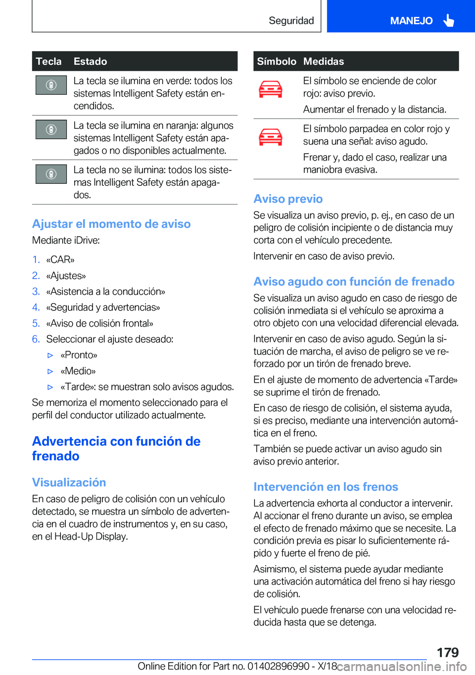 BMW Z4 2019  Manuales de Empleo (in Spanish) �T�e�c�l�a�E�s�t�a�d�o�L�a��t�e�c�l�a��s�e��i�l�u�m�i�n�a��e�n��v�e�r�d�e�:��t�o�d�o�s��l�o�s�s�i�s�t�e�m�a�s��I�n�t�e�l�l�i�g�e�n�t��S�a�f�e�t�y��e�s�t�