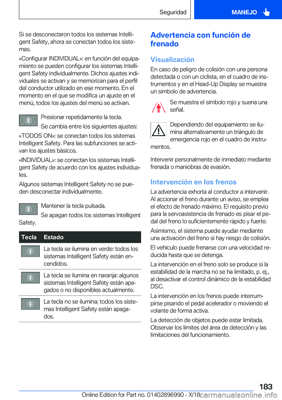 BMW Z4 2019  Manuales de Empleo (in Spanish) �S�i��s�e��d�e�s�c�o�n�e�c�t�a�r�o�n��t�o�d�o�s��l�o�s��s�i�s�t�e�m�a�s��I�n�t�e�l�l�iª
�g�e�n�t��S�a�f�e�t�y�,��a�h�o�r�a��s�e��c�o�n�e�c�t�a�n��t�o�d�o�s��l�o�s��s�i�s�t�eª
�m�a�s�.