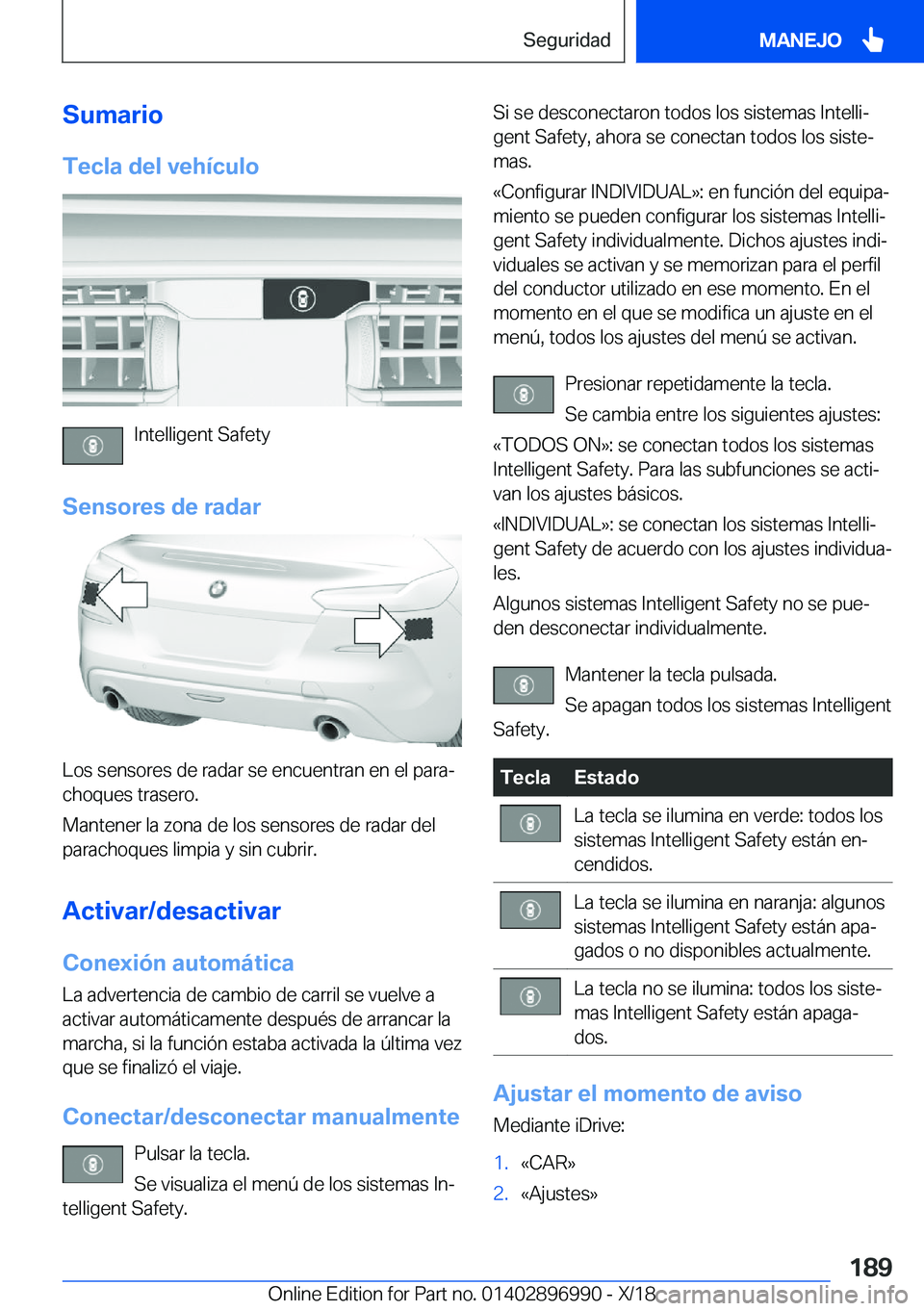 BMW Z4 2019  Manuales de Empleo (in Spanish) �S�u�m�a�r�i�o�T�e�c�l�a��d�e�l��v�e�h�