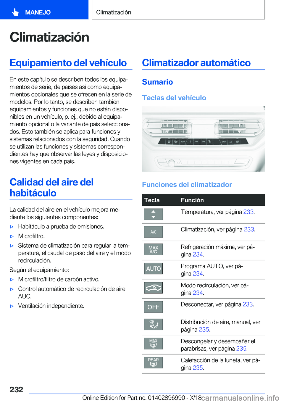 BMW Z4 2019  Manuales de Empleo (in Spanish) �C�l�i�m�a�t�i�z�a�c�i�