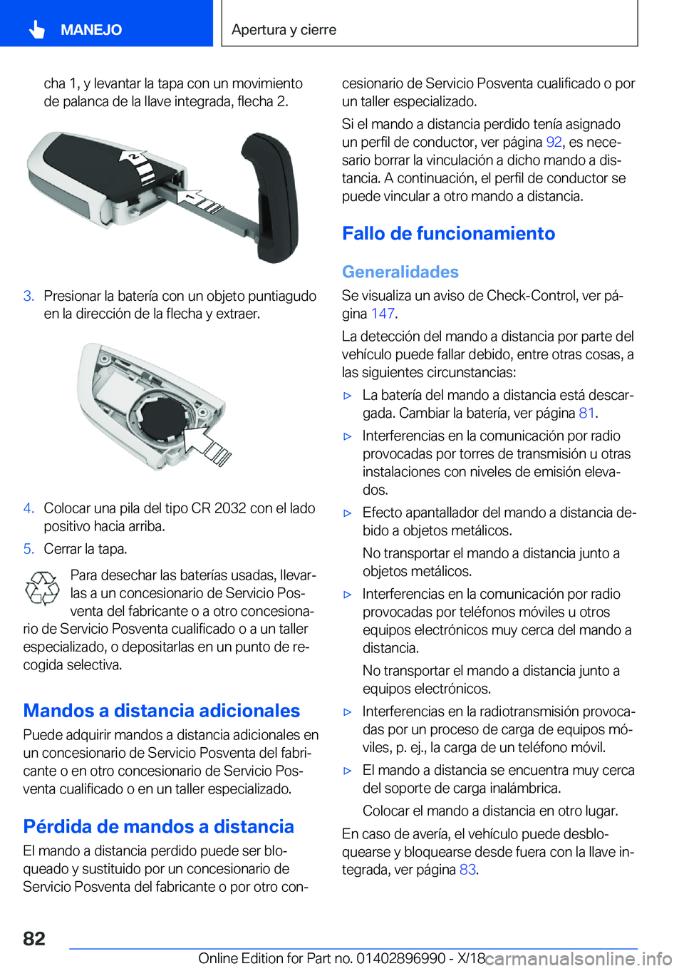 BMW Z4 2019  Manuales de Empleo (in Spanish) �c�h�a��1�,��y��l�e�v�a�n�t�a�r��l�a��t�a�p�a��c�o�n��u�n��m�o�v�i�m�i�e�n�t�o�d�e��p�a�l�a�n�c�a��d�e��l�a��l�l�a�v�e��i�n�t�e�g�r�a�d�a�,��f�l�e�c�h�a��2�.�3�.�P�r�e�s�i�o�n�a�r��l�a