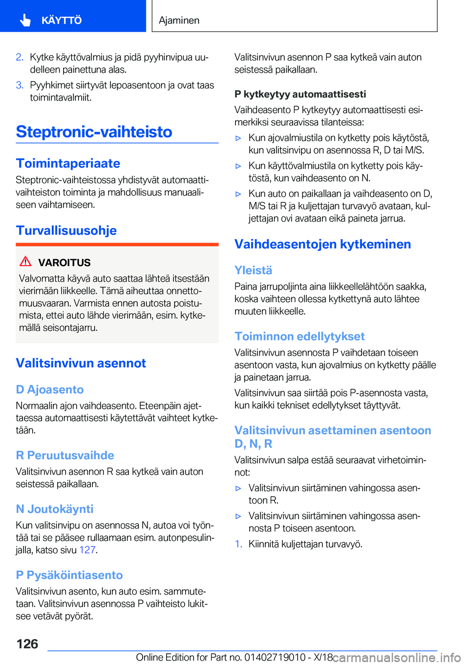 BMW Z4 2019  Omistajan Käsikirja (in Finnish) �2�.�K�y�t�k�e��k�