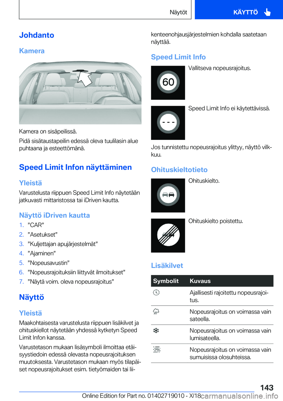 BMW Z4 2019  Omistajan Käsikirja (in Finnish) �J�o�h�d�a�n�t�o
�K�a�m�e�r�a
�K�a�m�e�r�a��o�n��s�i�s�