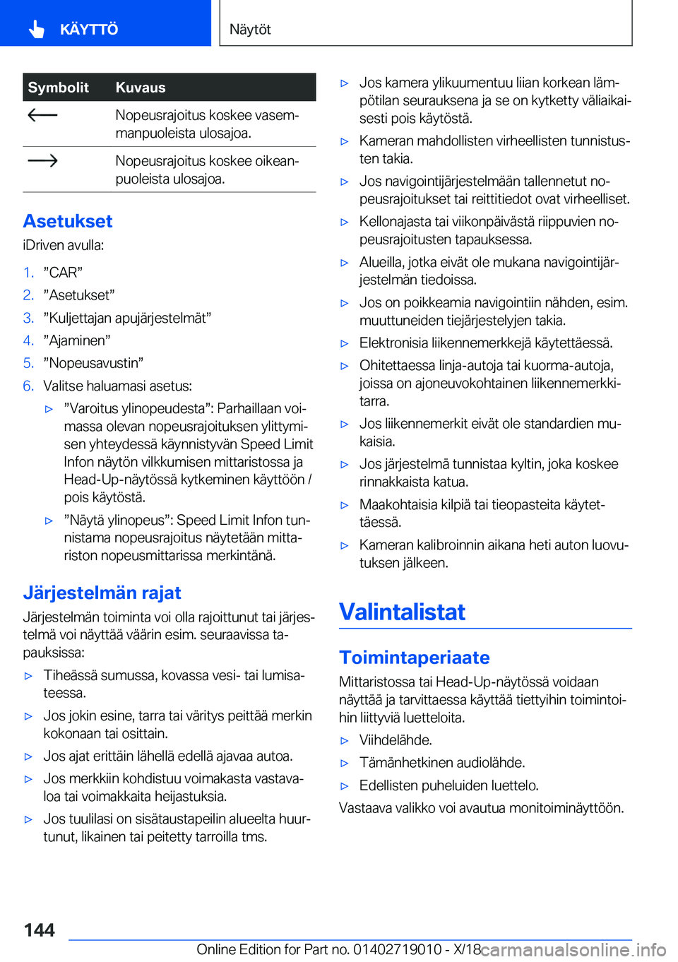 BMW Z4 2019  Omistajan Käsikirja (in Finnish) �S�y�m�b�o�l�i�t�K�u�v�a�u�s��N�o�p�e�u�s�r�a�j�o�i�t�u�s��k�o�s�k�e�e��v�a�s�e�mj
�m�a�n�p�u�o�l�e�i�s�t�a��u�l�o�s�a�j�o�a�.��N�o�p�e�u�s�r�a�j�o�i�t�u�s��k�o�s�k�e�e��o�i�k�e�a�nj
�p�u�o�l
