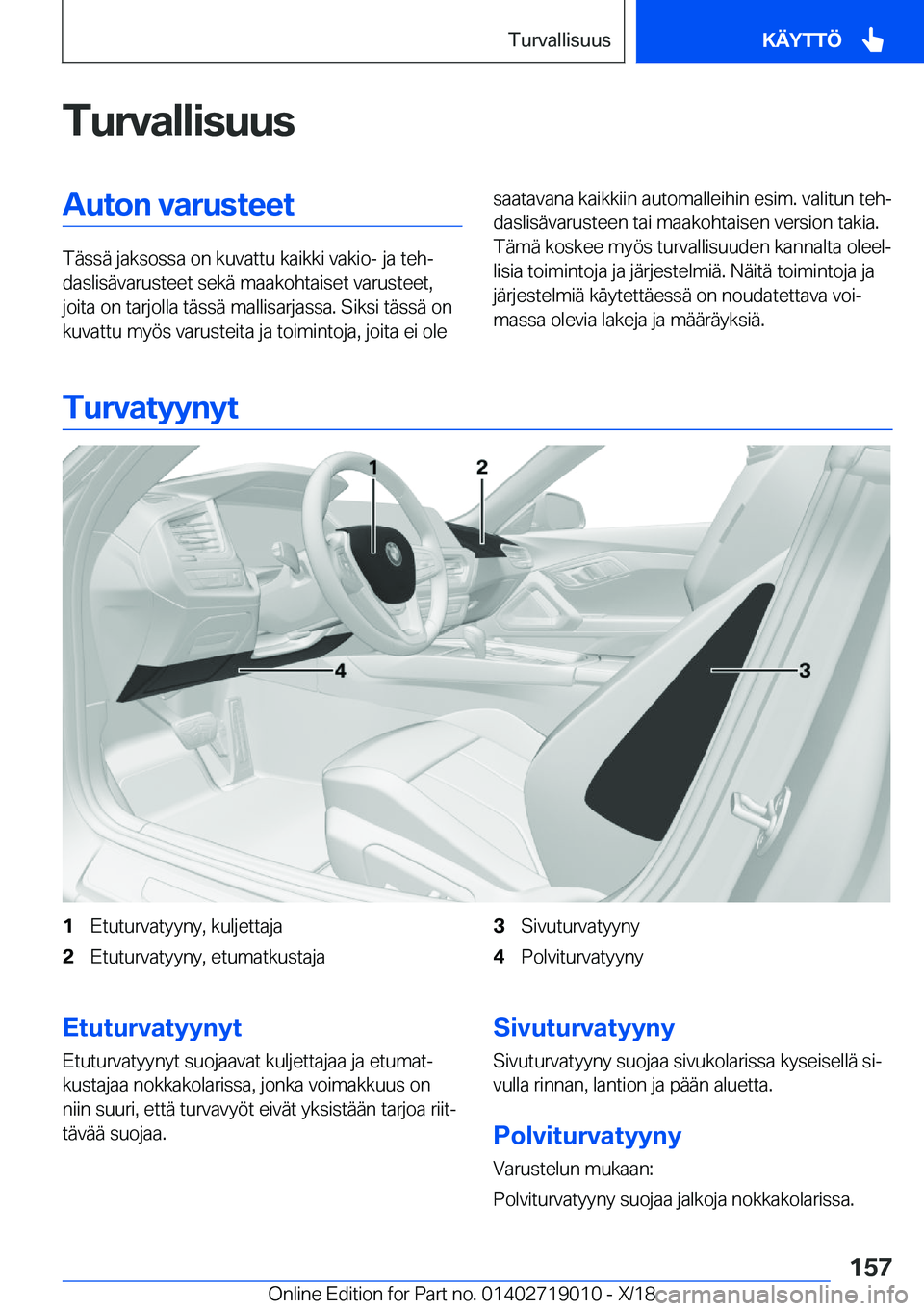 BMW Z4 2019  Omistajan Käsikirja (in Finnish) �T�u�r�v�a�l�l�i�s�u�u�s�A�u�t�o�n��v�a�r�u�s�t�e�e�t
�T�