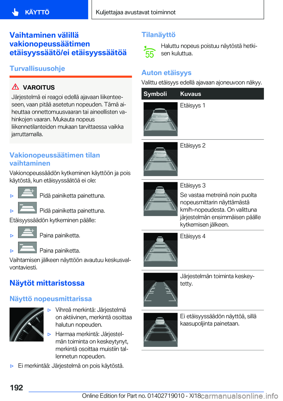 BMW Z4 2019  Omistajan Käsikirja (in Finnish) �V�a�i�h�t�a�m�i�n�e�n��v�