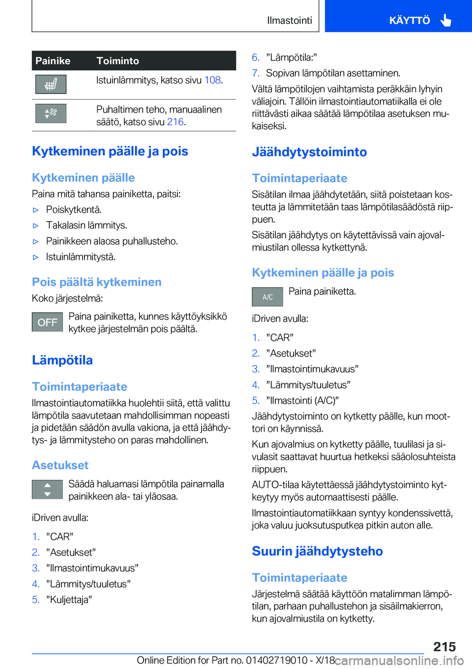 BMW Z4 2019  Omistajan Käsikirja (in Finnish) �P�a�i�n�i�k�e�T�o�i�m�i�n�t�o�I�s�t�u�i�n�l�