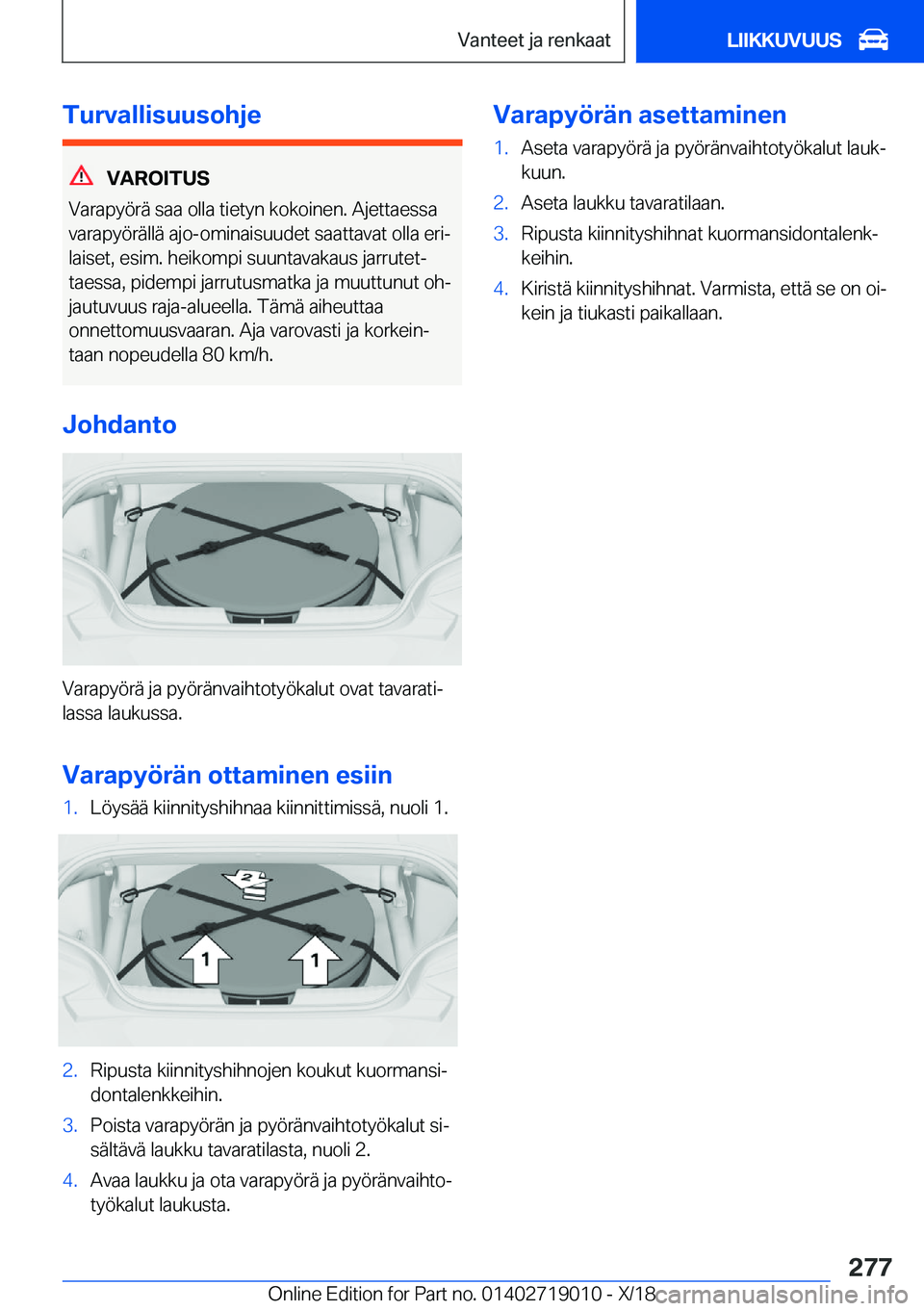 BMW Z4 2019  Omistajan Käsikirja (in Finnish) �T�u�r�v�a�l�l�i�s�u�u�s�o�h�j�e
�V�A�R�O�I�T�U�S
�V�a�r�a�p�y�