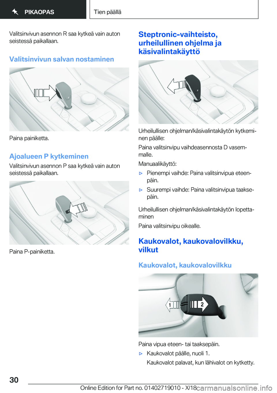 BMW Z4 2019  Omistajan Käsikirja (in Finnish) �V�a�l�i�t�s�i�n�v�i�v�u�n��a�s�e�n�n�o�n��R��s�a�a��k�y�t�k�e�