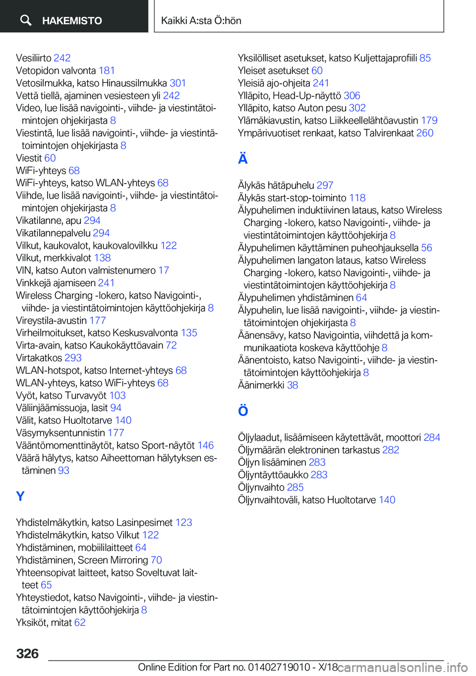 BMW Z4 2019  Omistajan Käsikirja (in Finnish) �V�e�s�i�l�i�i�r�t�o��2�4�2�
�V�e�t�o�p�i�d�o�n��v�a�l�v�o�n�t�a� �1�8�1�
�V�e�t�o�s�i�l�m�u�k�k�a�,��k�a�t�s�o��H�i�n�a�u�s�s�i�l�m�u�k�k�a� �3�0�1�
�V�e�t�t�