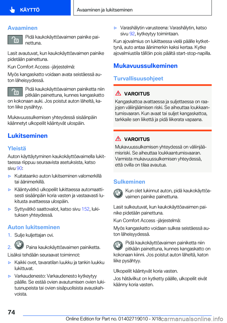 BMW Z4 2019  Omistajan Käsikirja (in Finnish) �A�v�a�a�m�i�n�e�n�P�i�d�