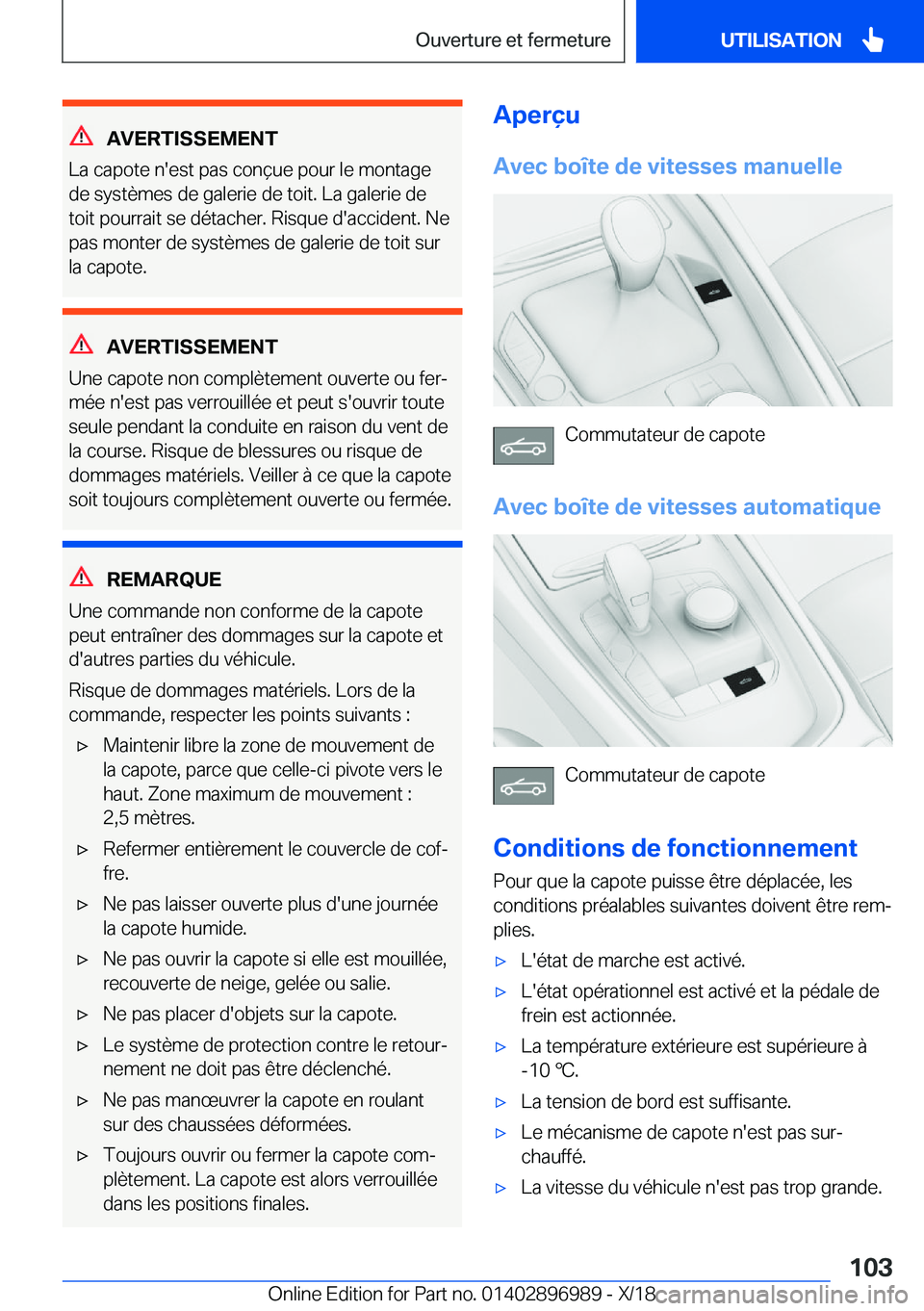 BMW Z4 2019  Notices Demploi (in French) �A�V�E�R�T�I�S�S�E�M�E�N�T
�L�a��c�a�p�o�t�e��n�'�e�s�t��p�a�s��c�o�n�ç�u�e��p�o�u�r��l�e��m�o�n�t�a�g�e
�d�e��s�y�s�t�è�m�e�s��d�e��g�a�l�e�r�i�e��d�e��t�o�i�t�.��L�a��g�a�l�e�r�i