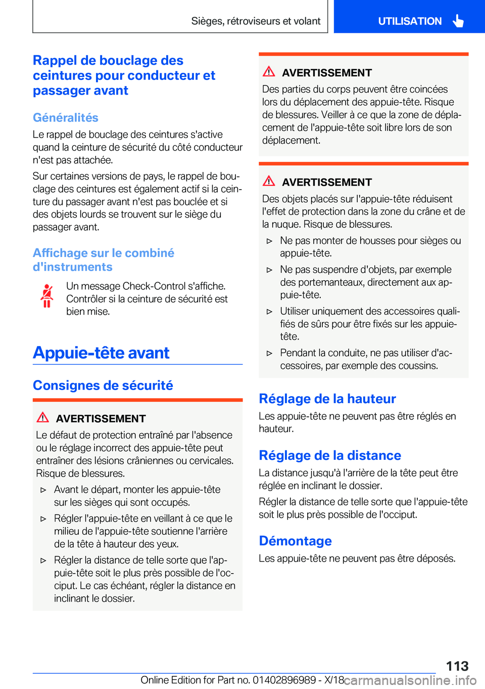 BMW Z4 2019  Notices Demploi (in French) �R�a�p�p�e�l��d�e��b�o�u�c�l�a�g�e��d�e�s
�c�e�i�n�t�u�r�e�s��p�o�u�r��c�o�n�d�u�c�t�e�u�r��e�t
�p�a�s�s�a�g�e�r��a�v�a�n�t
�G�é�n�é�r�a�l�i�t�é�s
�L�e��r�a�p�p�e�l��d�e��b�o�u�c�l�a�g�e�