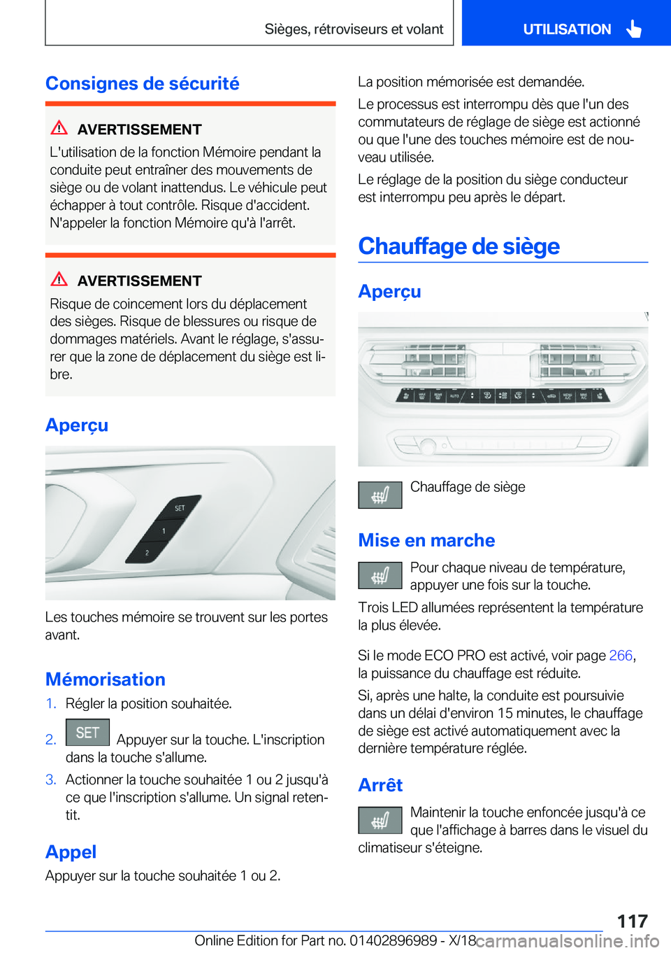 BMW Z4 2019  Notices Demploi (in French) �C�o�n�s�i�g�n�e�s��d�e��s�é�c�u�r�i�t�é
�A�V�E�R�T�I�S�S�E�M�E�N�T
�L�'�u�t�i�l�i�s�a�t�i�o�n��d�e��l�a��f�o�n�c�t�i�o�n��M�é�m�o�i�r�e��p�e�n�d�a�n�t��l�a
�c�o�n�d�u�i�t�e��p�e�u�t�