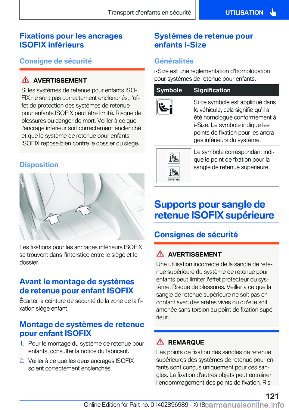 BMW Z4 2019  Notices Demploi (in French) �F�i�x�a�t�i�o�n�s��p�o�u�r��l�e�s��a�n�c�r�a�g�e�s
�I�S�O�F�I�X��i�n�f�é�r�i�e�u�r�s
�C�o�n�s�i�g�n�e��d�e��s�é�c�u�r�i�t�é
�A�V�E�R�T�I�S�S�E�M�E�N�T
�S�i��l�e�s��s�y�s�t�è�m�e�s��d�e�