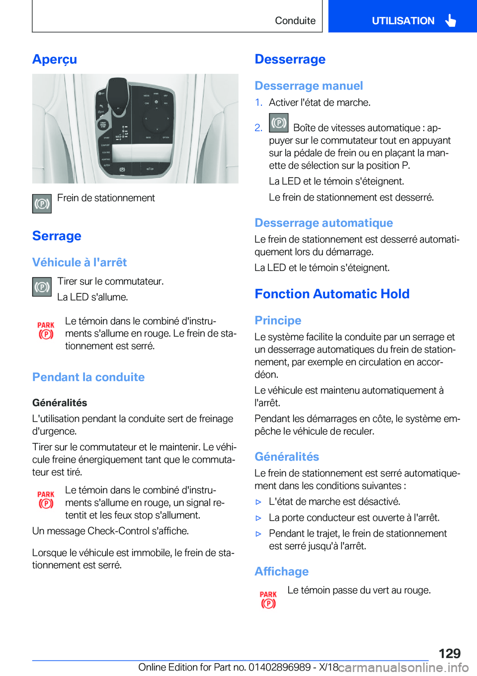 BMW Z4 2019  Notices Demploi (in French) �A�p�e�r�ç�u
�F�r�e�i�n��d�e��s�t�a�t�i�o�n�n�e�m�e�n�t
�S�e�r�r�a�g�e
�V�é�h�i�c�u�l�e��