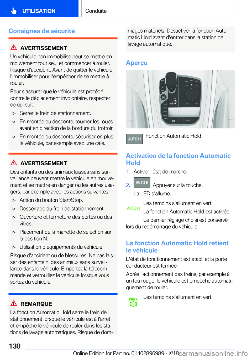 BMW Z4 2019  Notices Demploi (in French) �C�o�n�s�i�g�n�e�s��d�e��s�é�c�u�r�i�t�é
�A�V�E�R�T�I�S�S�E�M�E�N�T
�U�n��v�é�h�i�c�u�l�e��n�o�n��i�m�m�o�b�i�l�i�s�é��p�e�u�t��s�e��m�e�t�t�r�e��e�n
�m�o�u�v�e�m�e�n�t��t�o�u�t��s�e�u�