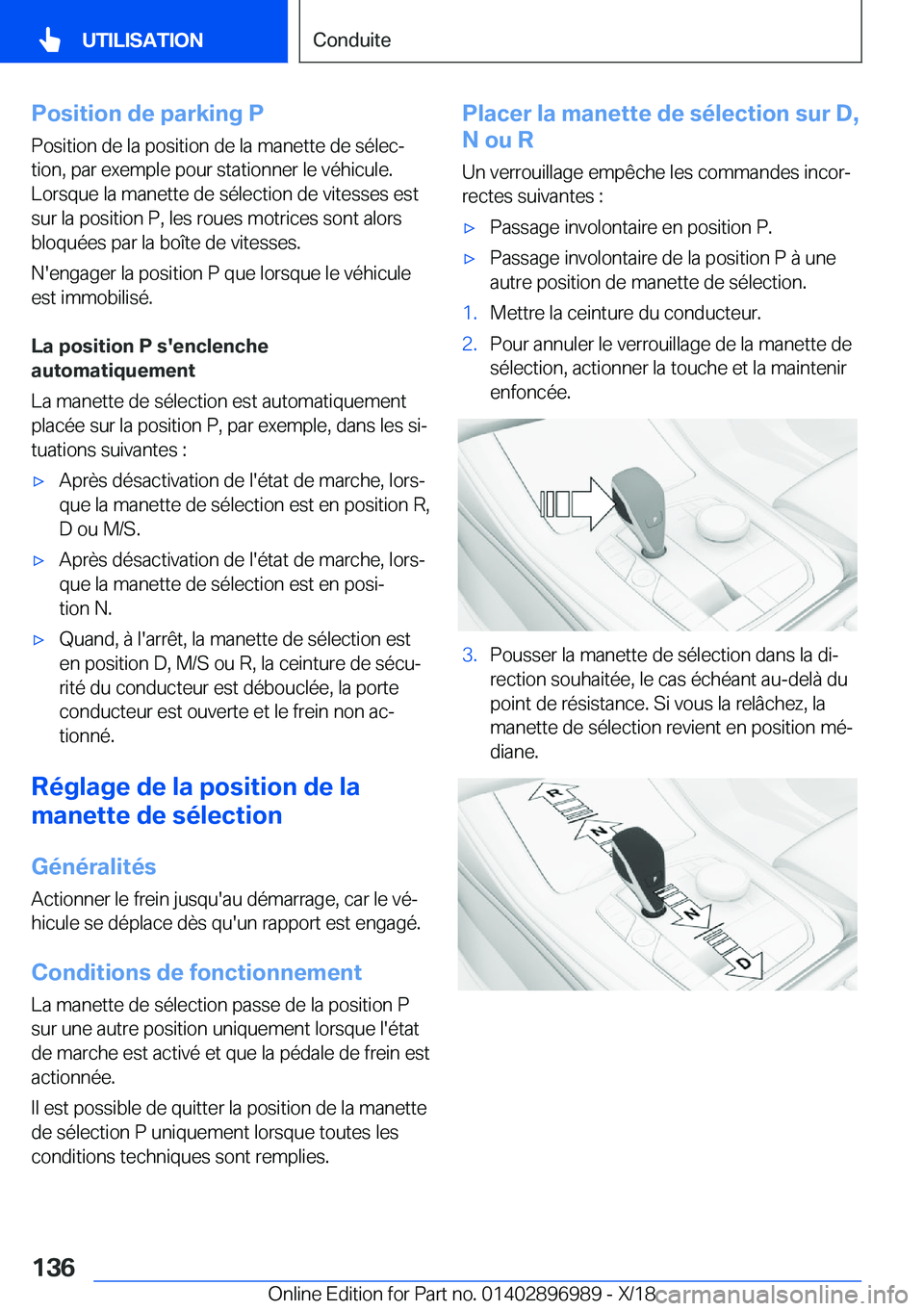 BMW Z4 2019  Notices Demploi (in French) �P�o�s�i�t�i�o�n��d�e��p�a�r�k�i�n�g��P
�P�o�s�i�t�i�o�n��d�e��l�a��p�o�s�i�t�i�o�n��d�e��l�a��m�a�n�e�t�t�e��d�e��s�é�l�e�cj
�t�i�o�n�,��p�a�r��e�x�e�m�p�l�e��p�o�u�r��s�t�a�t�i�o�n�