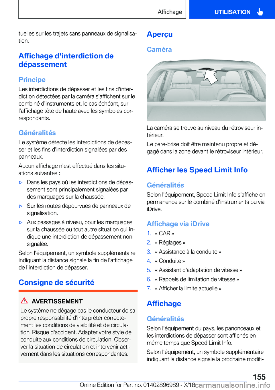 BMW Z4 2019  Notices Demploi (in French) �t�u�e�l�l�e�s��s�u�r��l�e�s��t�r�a�j�e�t�s��s�a�n�s��p�a�n�n�e�a�u�x��d�e��s�i�g�n�a�l�i�s�aj�t�i�o�n�.
�A�f�f�i�c�h�a�g�e��d�'�i�n�t�e�r�d�i�c�t�i�o�n��d�e
�d�é�p�a�s�s�e�m�e�n�t
�P�r