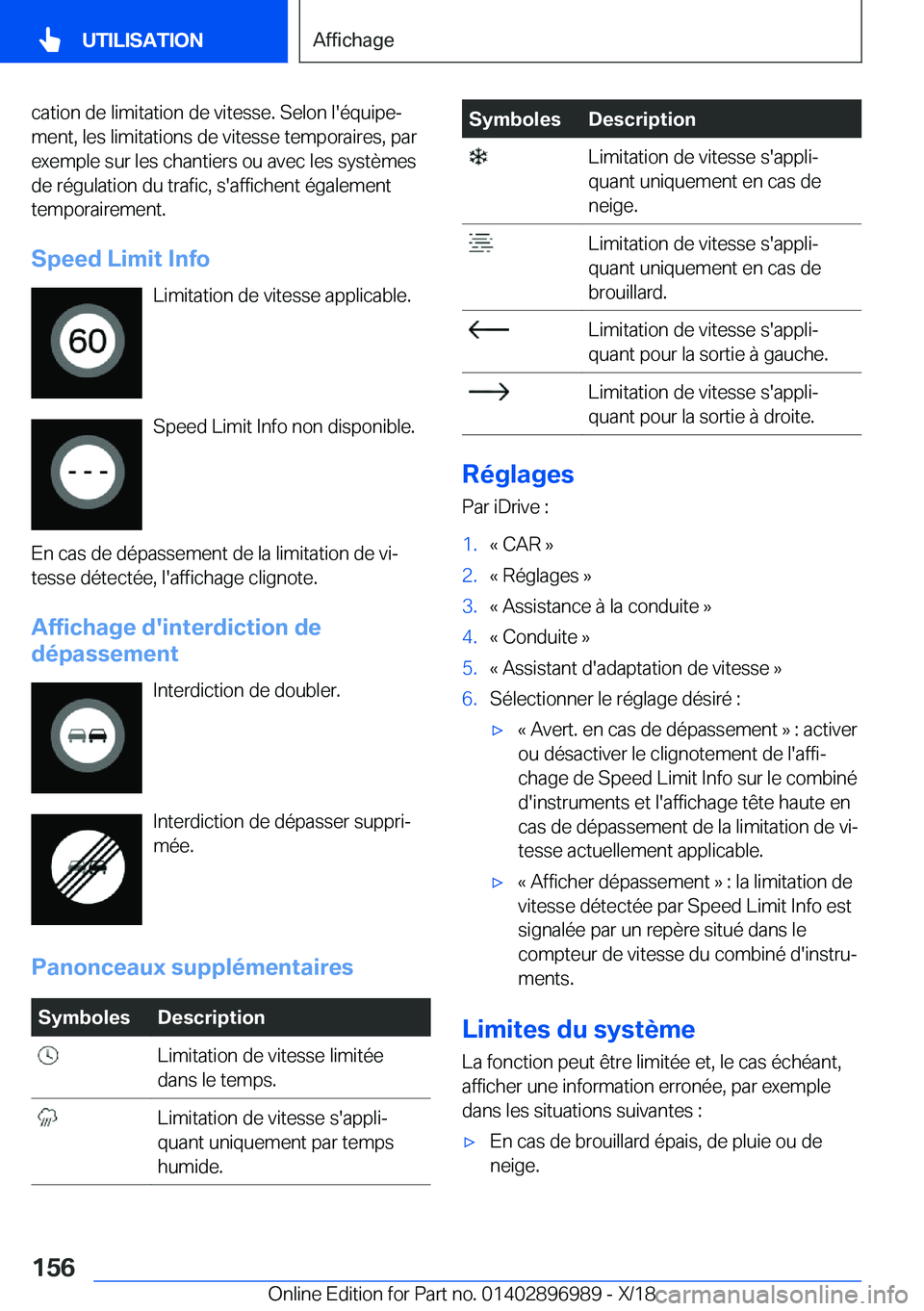 BMW Z4 2019  Notices Demploi (in French) �c�a�t�i�o�n��d�e��l�i�m�i�t�a�t�i�o�n��d�e��v�i�t�e�s�s�e�.��S�e�l�o�n��l�'�é�q�u�i�p�ej
�m�e�n�t�,��l�e�s��l�i�m�i�t�a�t�i�o�n�s��d�e��v�i�t�e�s�s�e��t�e�m�p�o�r�a�i�r�e�s�,��p�a�r