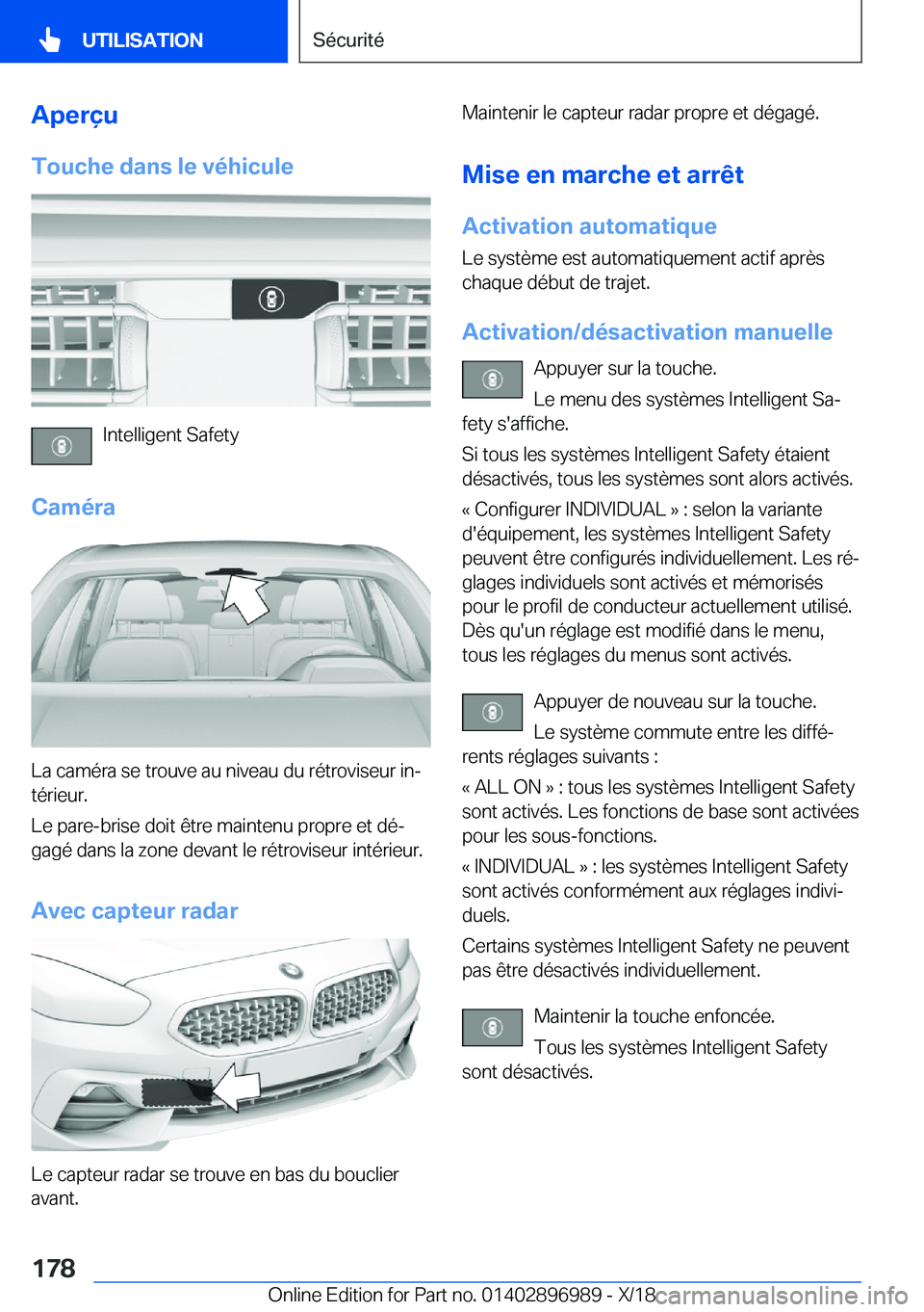 BMW Z4 2019  Notices Demploi (in French) �A�p�e�r�ç�u
�T�o�u�c�h�e��d�a�n�s��l�e��v�é�h�i�c�u�l�e
�I�n�t�e�l�l�i�g�e�n�t��S�a�f�e�t�y
�C�a�m�é�r�a
�L�a��c�a�m�é�r�a��s�e��t�r�o�u�v�e��a�u��n�i�v�e�a�u��d�u��r�é�t�r�o�v�i�s�e�
