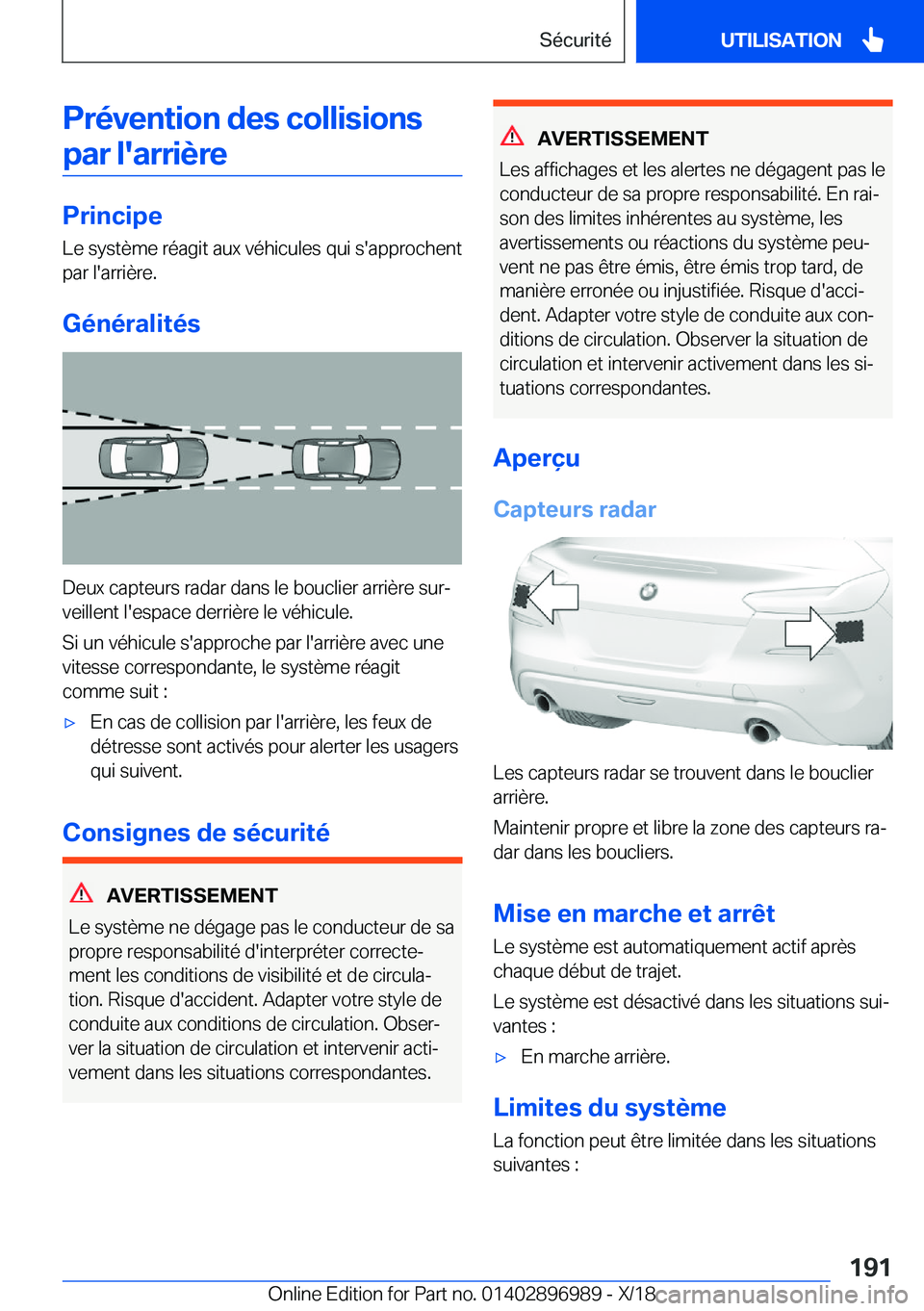 BMW Z4 2019  Notices Demploi (in French) �P�r�é�v�e�n�t�i�o�n��d�e�s��c�o�l�l�i�s�i�o�n�s�p�a�r��l�'�a�r�r�i�è�r�e
�P�r�i�n�c�i�p�e
�L�e��s�y�s�t�è�m�e��r�é�a�g�i�t��a�u�x��v�é�h�i�c�u�l�e�s��q�u�i��s�'�a�p�p�r�o�c�h�e�