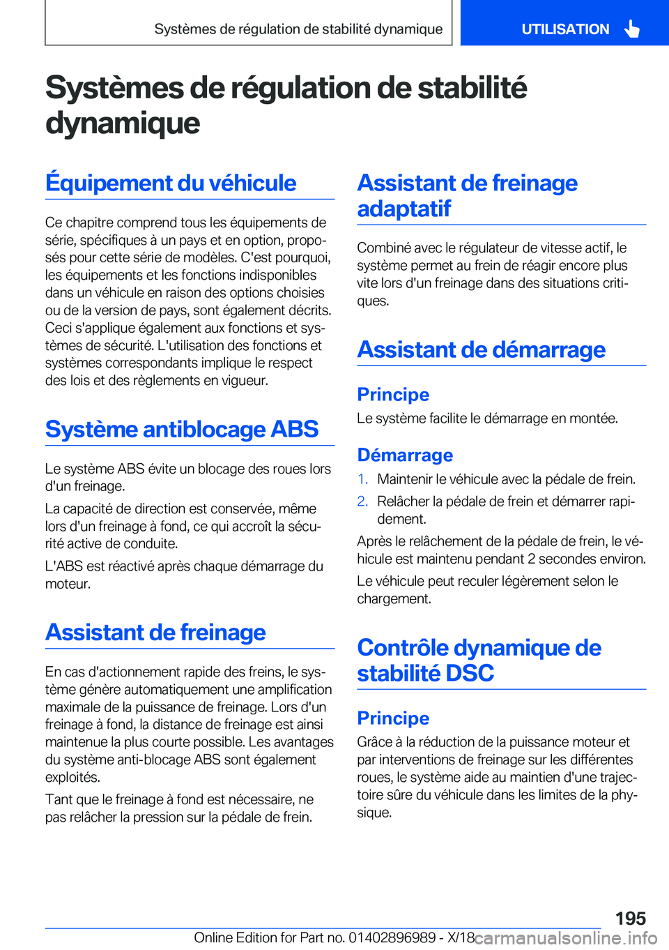 BMW Z4 2019  Notices Demploi (in French) �S�y�s�t�è�m�e�s��d�e��r�é�g�u�l�a�t�i�o�n��d�e��s�t�a�b�i�l�i�t�é�d�y�n�a�m�i�q�u�e�