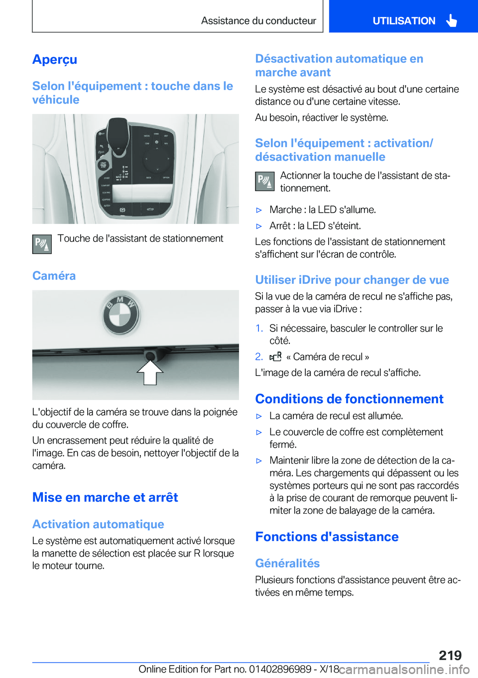 BMW Z4 2019  Notices Demploi (in French) �A�p�e�r�ç�u
�S�e�l�o�n��l�'�é�q�u�i�p�e�m�e�n�t��:��t�o�u�c�h�e��d�a�n�s��l�e
�v�é�h�i�c�u�l�e
�T�o�u�c�h�e��d�e��l�'�a�s�s�i�s�t�a�n�t��d�e��s�t�a�t�i�o�n�n�e�m�e�n�t
�C�a�m�é�r