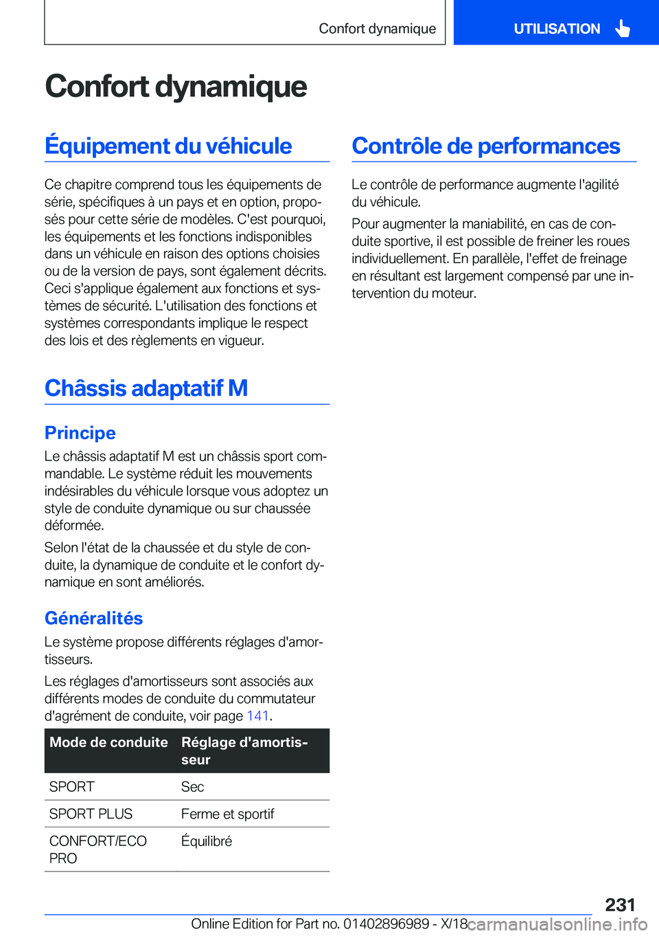 BMW Z4 2019  Notices Demploi (in French) �C�o�n�f�o�r�t��d�y�n�a�m�i�q�u�e�