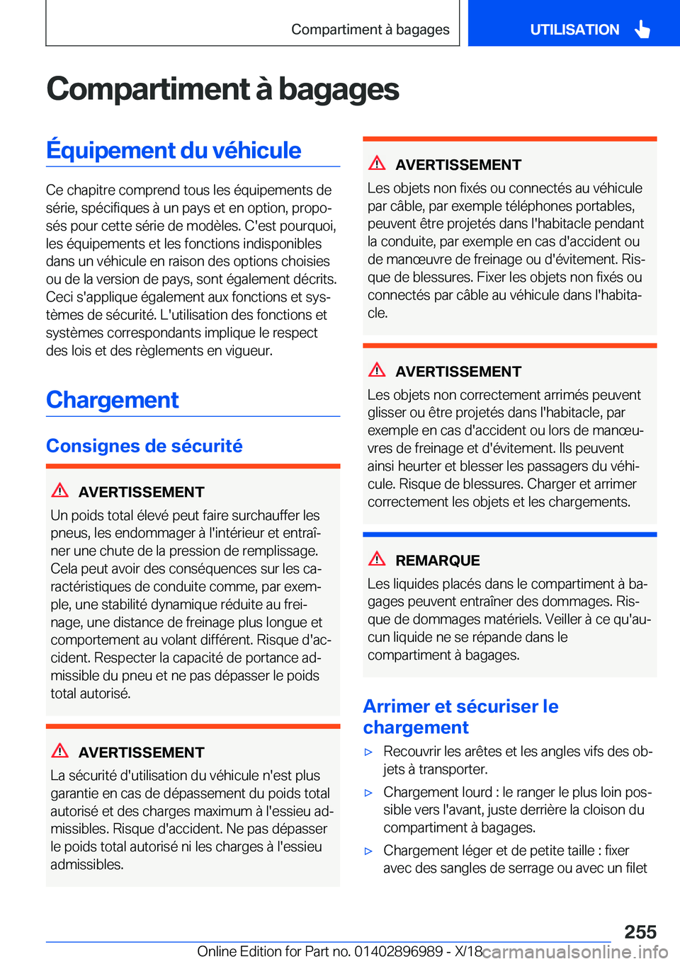 BMW Z4 2019  Notices Demploi (in French) �C�o�m�p�a�r�t�i�m�e�n�t��
