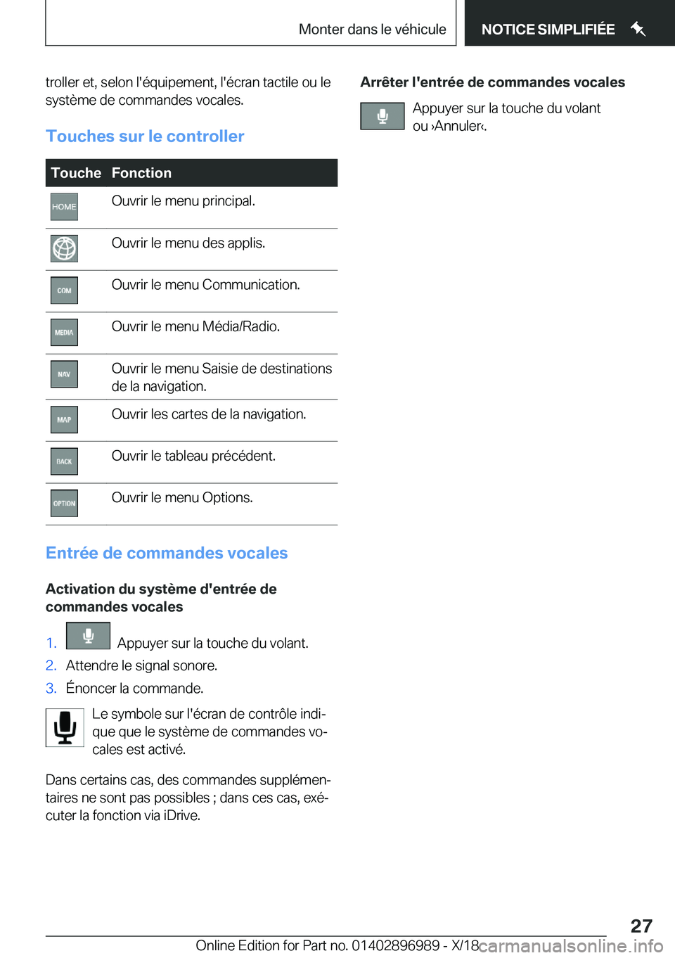 BMW Z4 2019  Notices Demploi (in French) �t�r�o�l�l�e�r��e�t�,��s�e�l�o�n��l�'�é�q�u�i�p�e�m�e�n�t�,��l�'�é�c�r�a�n��t�a�c�t�i�l�e��o�u��l�e�s�y�s�t�è�m�e��d�e��c�o�m�m�a�n�d�e�s��v�o�c�a�l�e�s�.
�T�o�u�c�h�e�s��s�u�r�