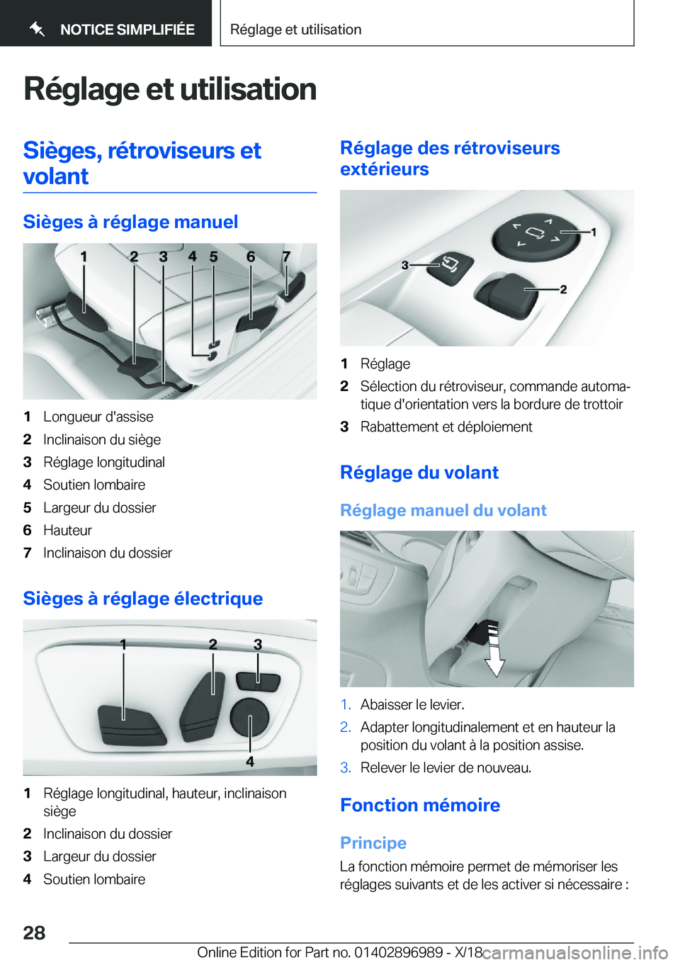 BMW Z4 2019  Notices Demploi (in French) �R�é�g�l�a�g�e��e�t��u�t�i�l�i�s�a�t�i�o�n�S�i�è�g�e�s�,��r�é�t�r�o�v�i�s�e�u�r�s��e�t�v�o�l�a�n�t
�S�i�è�g�e�s��