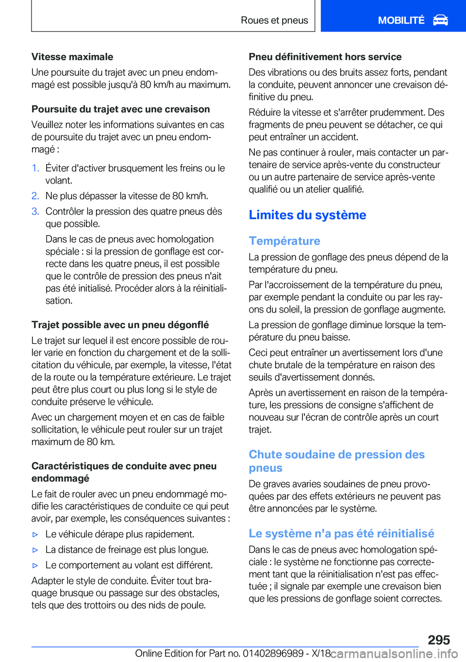 BMW Z4 2019  Notices Demploi (in French) �V�i�t�e�s�s�e��m�a�x�i�m�a�l�e
�U�n�e��p�o�u�r�s�u�i�t�e��d�u��t�r�a�j�e�t��a�v�e�c��u�n��p�n�e�u��e�n�d�o�mj �m�a�g�é��e�s�t��p�o�s�s�i�b�l�e��j�u�s�q�u�'�
