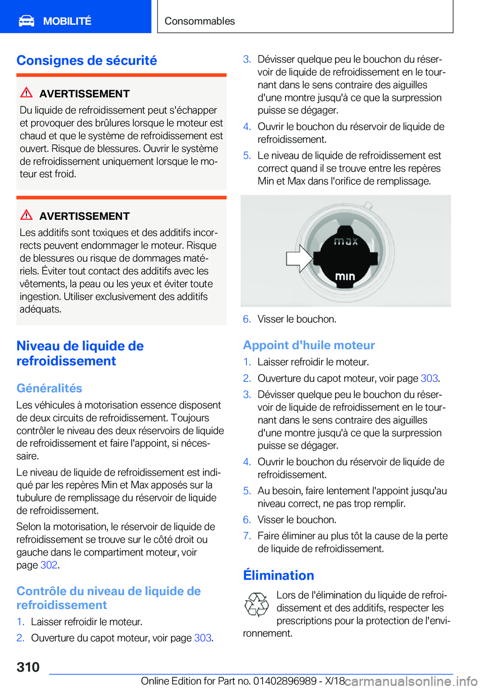BMW Z4 2019  Notices Demploi (in French) �C�o�n�s�i�g�n�e�s��d�e��s�é�c�u�r�i�t�é
�A�V�E�R�T�I�S�S�E�M�E�N�T
�D�u��l�i�q�u�i�d�e��d�e��r�e�f�r�o�i�d�i�s�s�e�m�e�n�t��p�e�u�t��s�'�é�c�h�a�p�p�e�r
�e�t��p�r�o�v�o�q�u�e�r��d�e�s