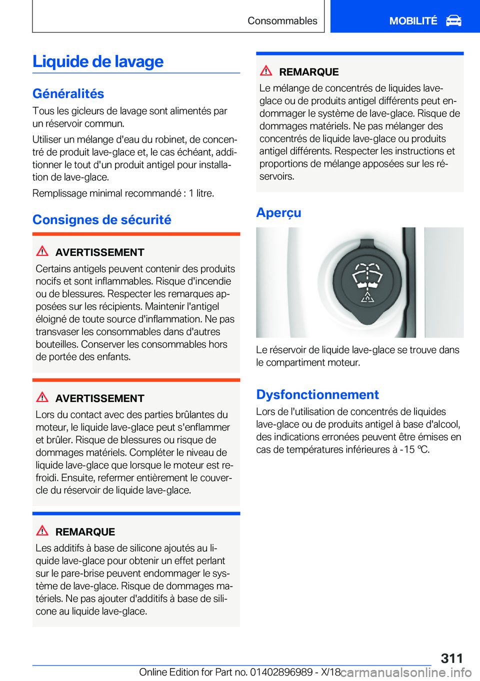 BMW Z4 2019  Notices Demploi (in French) �L�i�q�u�i�d�e��d�e��l�a�v�a�g�e
�G�é�n�é�r�a�l�i�t�é�s�T�o�u�s��l�e�s��g�i�c�l�e�u�r�s��d�e��l�a�v�a�g�e��s�o�n�t��a�l�i�m�e�n�t�é�s��p�a�r
�u�n��r�é�s�e�r�v�o�i�r��c�o�m�m�u�n�.
�U�t