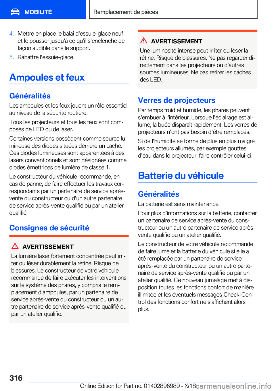BMW Z4 2019  Notices Demploi (in French) �4�.�M�e�t�t�r�e��e�n��p�l�a�c�e��l�e��b�a�l�a�i��d�'�e�s�s�u�i�e�-�g�l�a�c�e��n�e�u�f
�e�t��l�e��p�o�u�s�s�e�r��j�u�s�q�u�'�