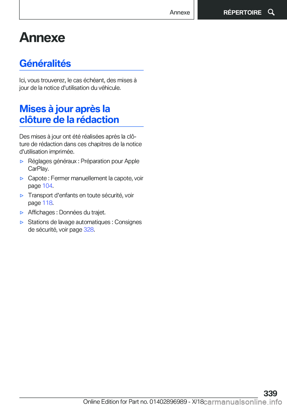 BMW Z4 2019  Notices Demploi (in French) �A�n�n�e�x�e�G�é�n�é�r�a�l�i�t�é�s
�I�c�i�,��v�o�u�s��t�r�o�u�v�e�r�e�z�,��l�e��c�a�s��é�c�h�é�a�n�t�,��d�e�s��m�i�s�e�s��