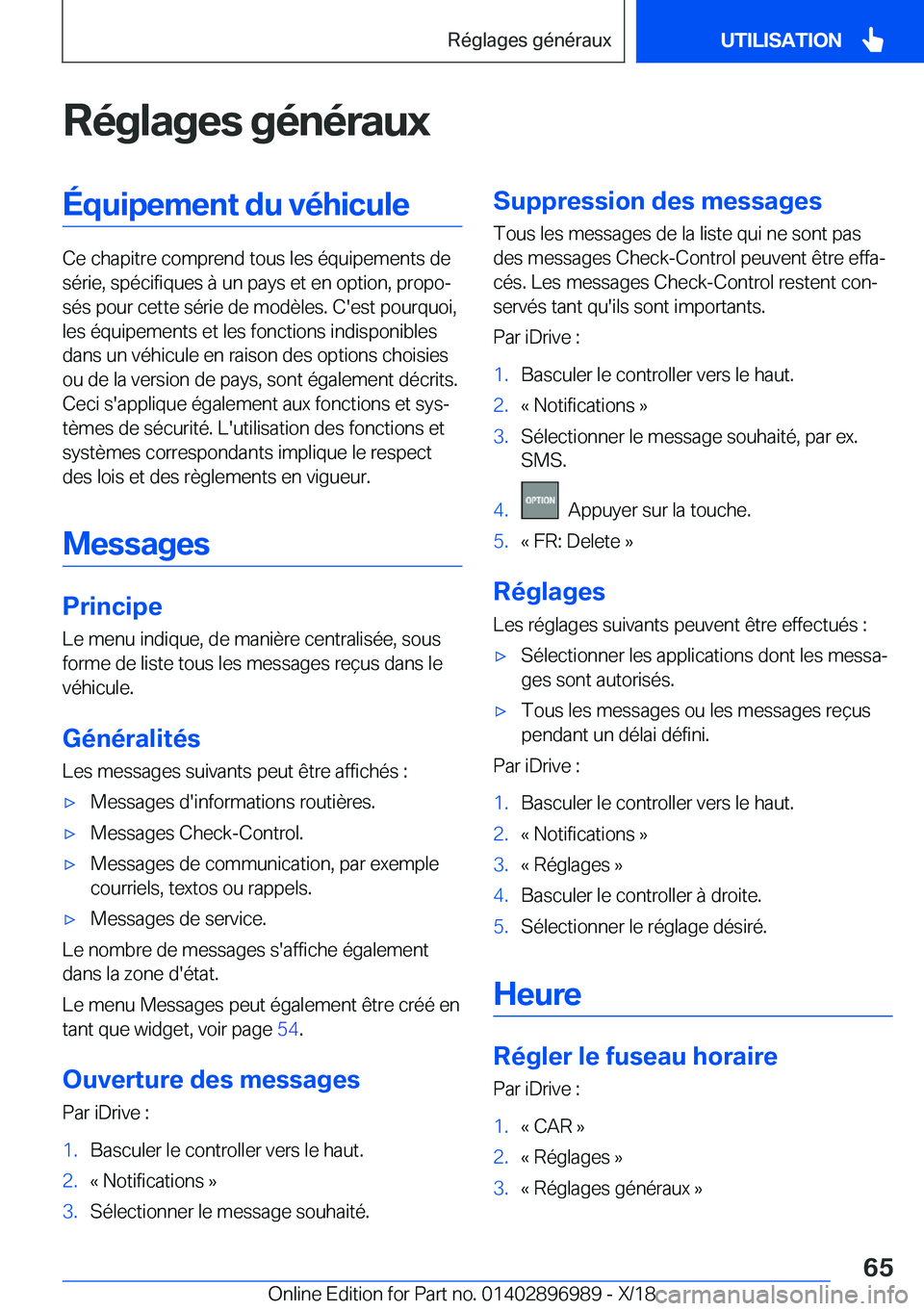 BMW Z4 2019  Notices Demploi (in French) �R�é�g�l�a�g�e�s��g�é�n�é�r�a�u�x�